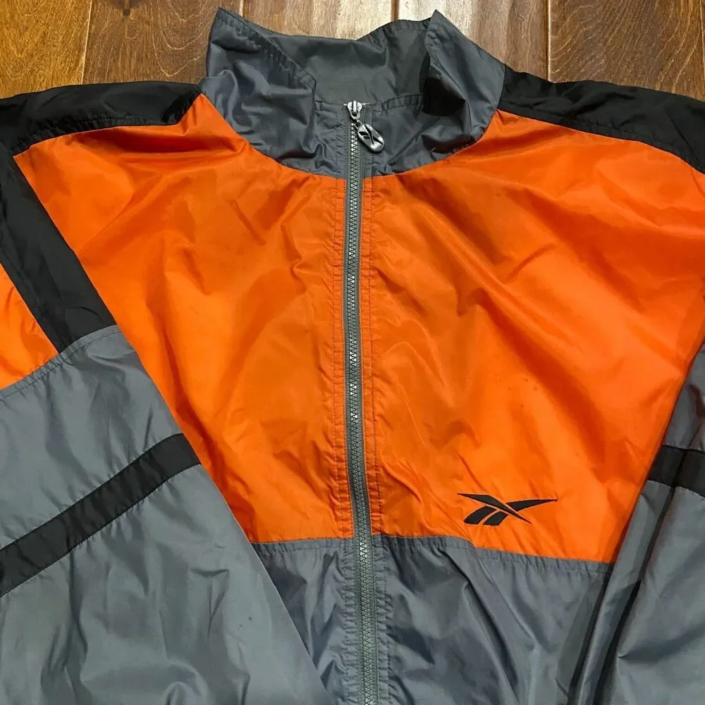 Reebok Vintage 90s Color Block Orange Gray Black Windbreaker Jacket Men's XXL